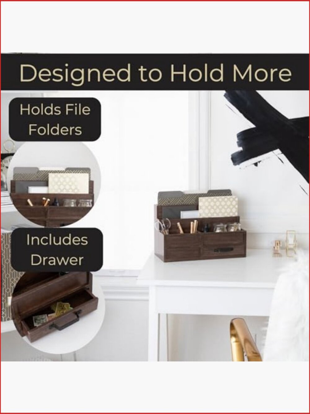 Wooden Mail Organizer with Drawer and Pen Holder Desktop Storage - Picture 5 of 6